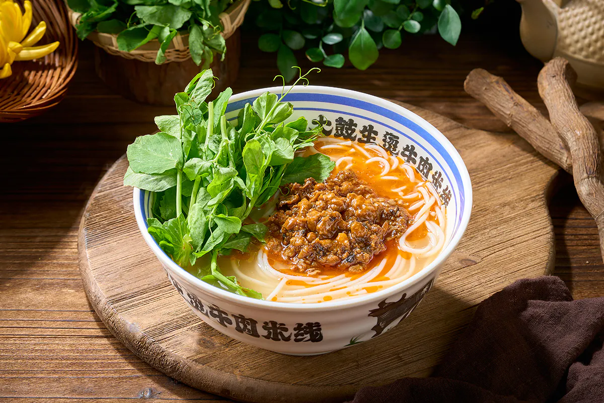 Traditional rice noodles with minced meat at Dagu Rice Noodle, a Chinese Rice Noodles Restaurant in Blaine